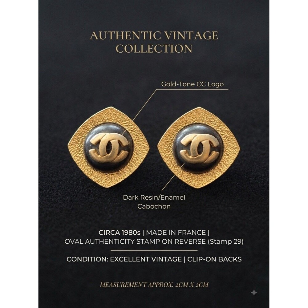 ⁠Vintage Chanel CC Logo Earrings Gold Black Diamond Shape Collection 28 Clip On